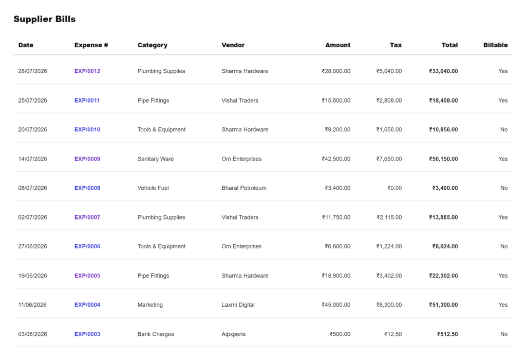 plumbing-trades-supplier-bill-expense-record